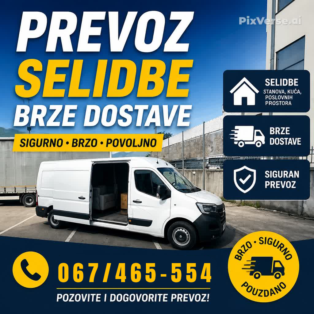 Kombi Prevoz Podgorica Crna Gora — Brza Dostava Robe i Namještaja.
Trebate kombi za prevoz namještaja, robe ili materijala? Brz odgovor, pouzdani vozači, Dostupni 24 sata.
Medjugradski prevoz po Crnoj Gori. Medjunarodni prevoz.
TEL. 067 465 554

Za više informacija kliknite na sličicu